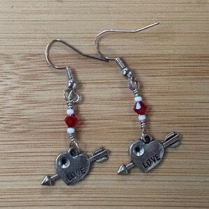 Silver Heart Arrow Earrings with Red Swarovski Crystal Beads
